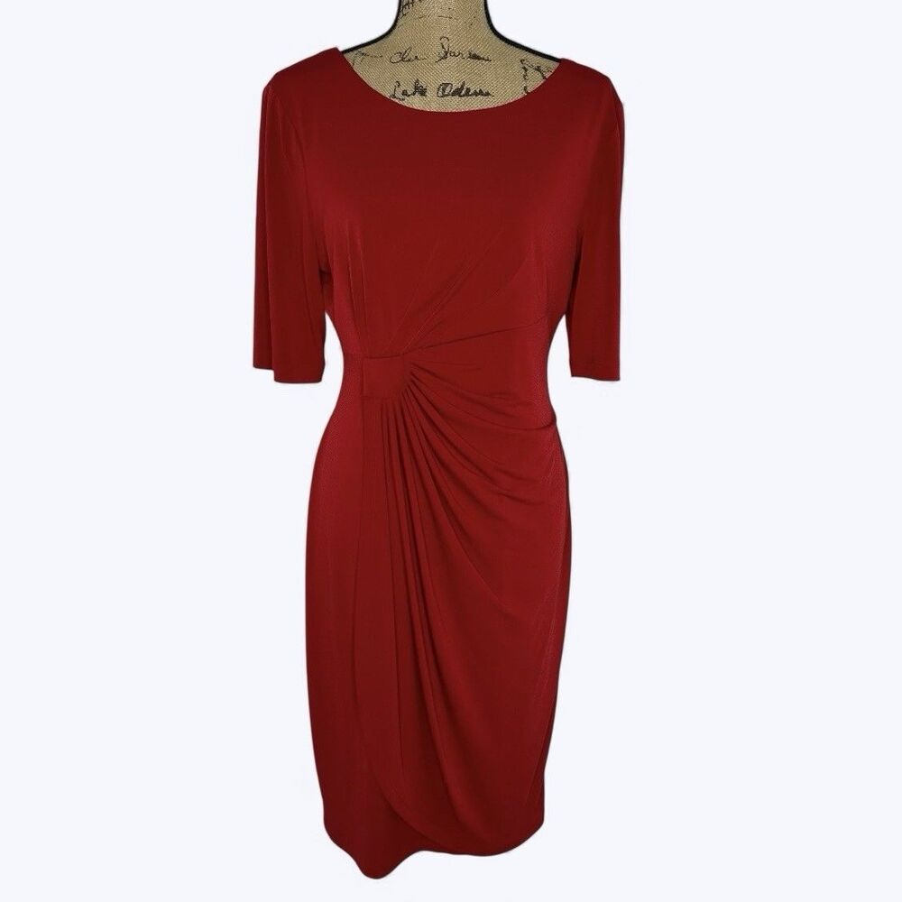 Connected Apparel Red Faux Wrap Dress Sz 12 Ruched Waist Holiday‎ Party NYE Xmas